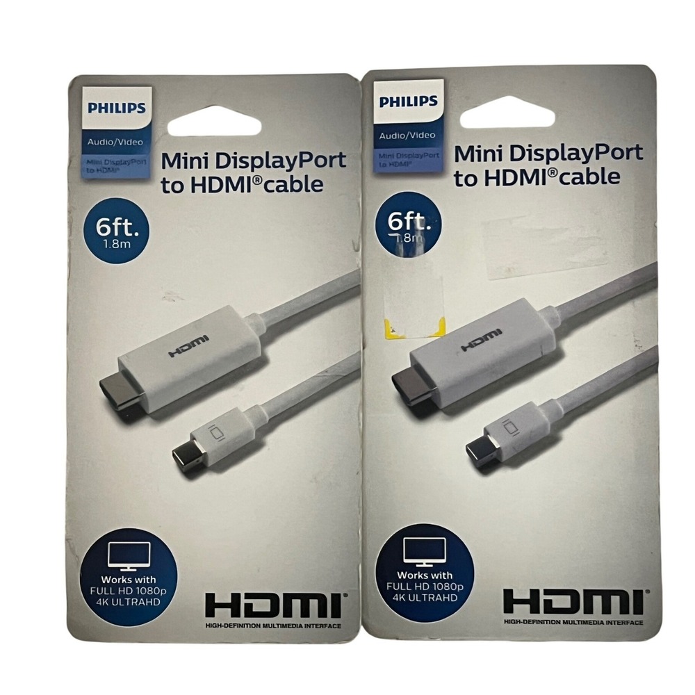 Philips Mini DisplayPort to HDMI‎ Cable 6ft 1.8m 4K Ultra HD - 2 pack NEW